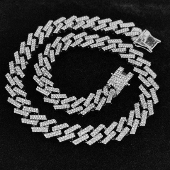 18K Real Silver Covered Iced Out Cuban Link Necklace Bracelet SET